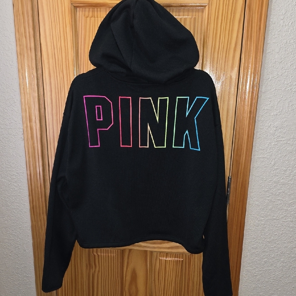 VS PINK- NWOT Black Cropped Hoodie With Rainbow Logo- Size Large